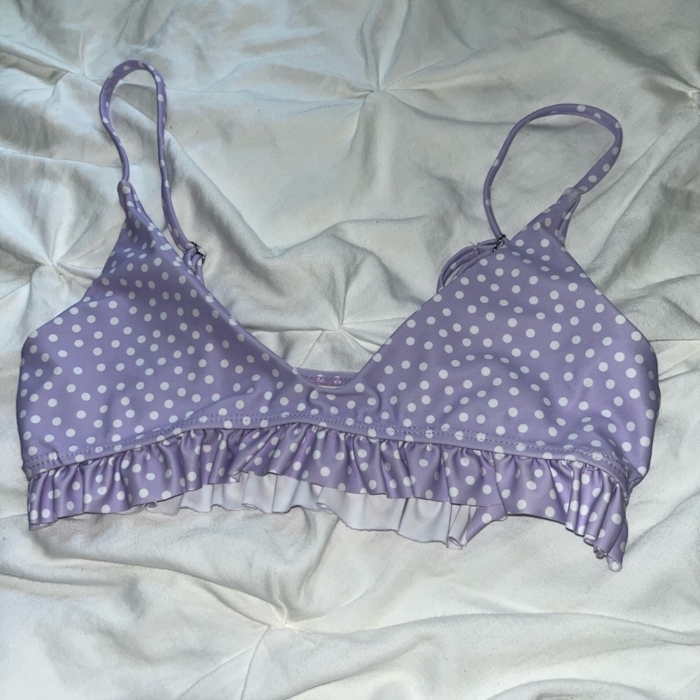 SOLD Purple bikini top with white polka dots size medium